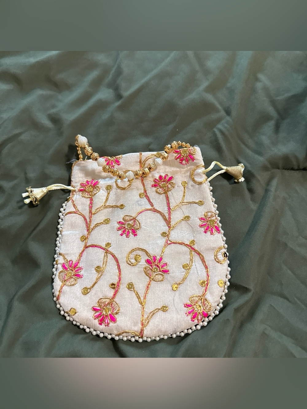 Indian Embroidered Pink and Gold Drawstring Pouch